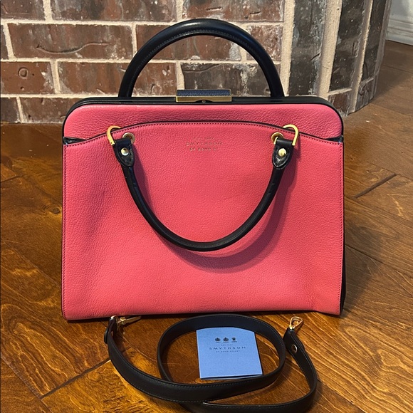 Smythson of Bond Street Pink & Navy Leather Metal Clasp Satchel. - Picture 1 of 14